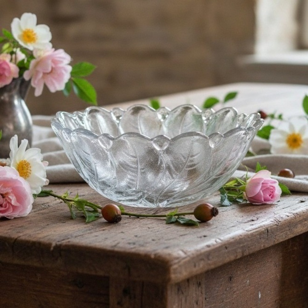 Indiana Glass Lead Crystal Serving Bowl, Vintage Wild Rose Design, Centerpiece
